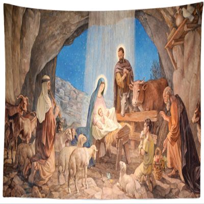CORFOTO 180x98 Inch Fabric Christmas Birth of Jesus Tapestry Night Manger Nativity Scene Painting Wall Hanging Christian Tapestry for Wall Decor Bedroom Aesthetic Living Room Decor Wall Art Poster