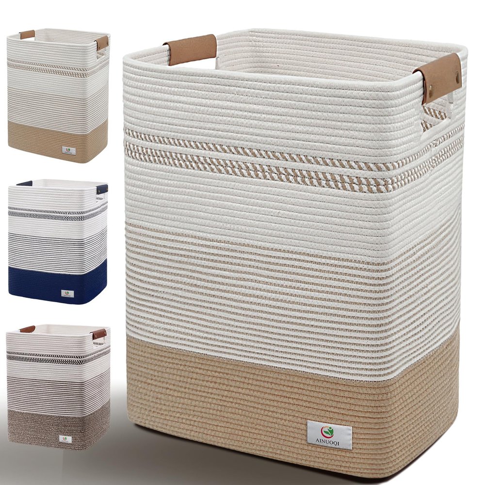 AINUOQI Laundry Hamper Large Laundry Basket with Leather Handles, Decorative Storage Cotton Rope Woven Basket for Blankets, Clothes Hamper for Living Room, Jute & White, 85L