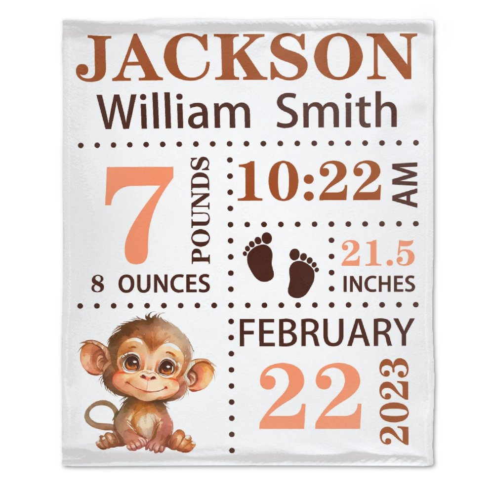 Bhaisajyaguru Personalized Baby Blanket with Birth Information, Customized Monkey Pattern Name Blanket from Baby's Name Birth Time Date, Gift for New Mom Dad Granddaughter Grandson 40"x30" for Pets