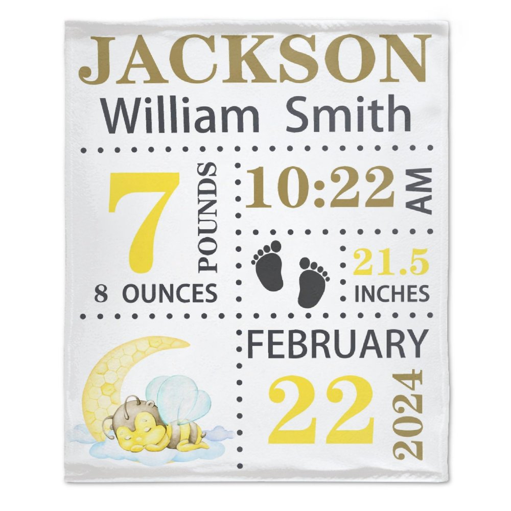 Bhaisajyaguru Personalized Baby Blanket with Birth Information, Customized Bee Pattern Name Blanket from Baby's Name Birth Time Date, Gift for New Mom Dad Granddaughter Grandson 40"x30" for Pets