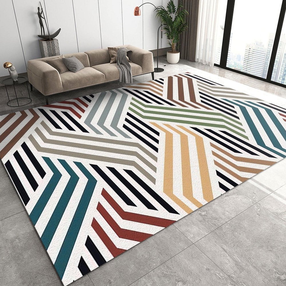Abstract Geometric Line Area Rug, Colorful Geometric Line Art Outdoor Carpet, Rug with Non-Slip Backing Easy Can Be Washed for Living Room Bedroom Kitchen Dining Room Home Office Floor Rug 5ftx8ft