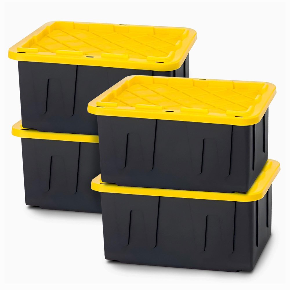 HOMZ 4-Pack Durabilt Tote, Heavy Duty Plastic Storage Bins with Lids, 15 Gallon, Black/Yellow - Stackable Organizing Containers for Home, Garage, and Office