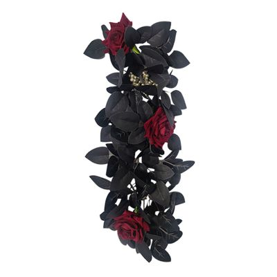 belupai 24in Black Halloween Floral Swag,Artificial Maple Leaves Garland with Sunflowers Pumpkin, Handmade Decorative Berries Roses Eucalyptus Swag for Front Door Home Wall Decoration(Red Rose)