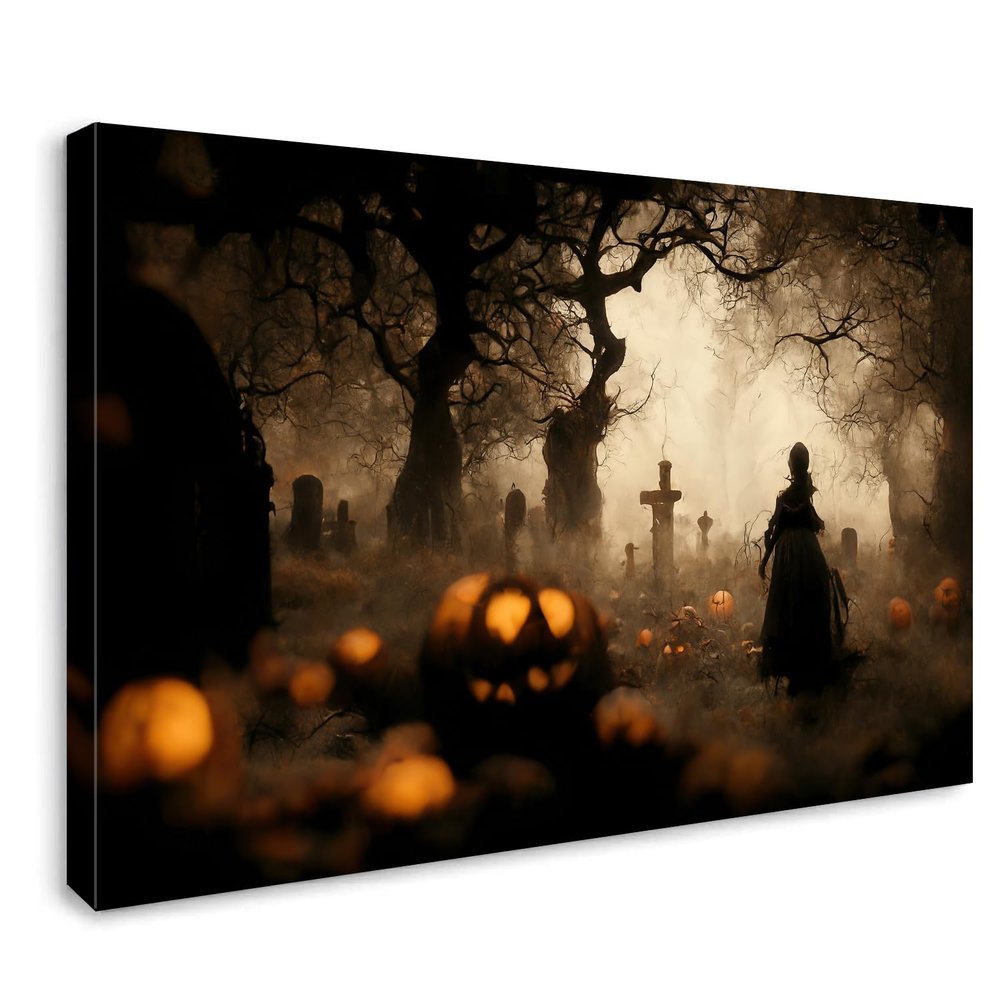 Halloween Home Decoration Spooky Grave Wall Art A Gothic Elf in Dark Forest with Jack O Lantern Everywhere Framed Horror Poster Decor for Living Room Bedroom 36x24in