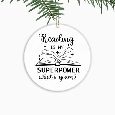 Book Christmas Ornaments Reading is My Superpower,Xmas Tree Hanging Ornaments Ceramic Keepsake