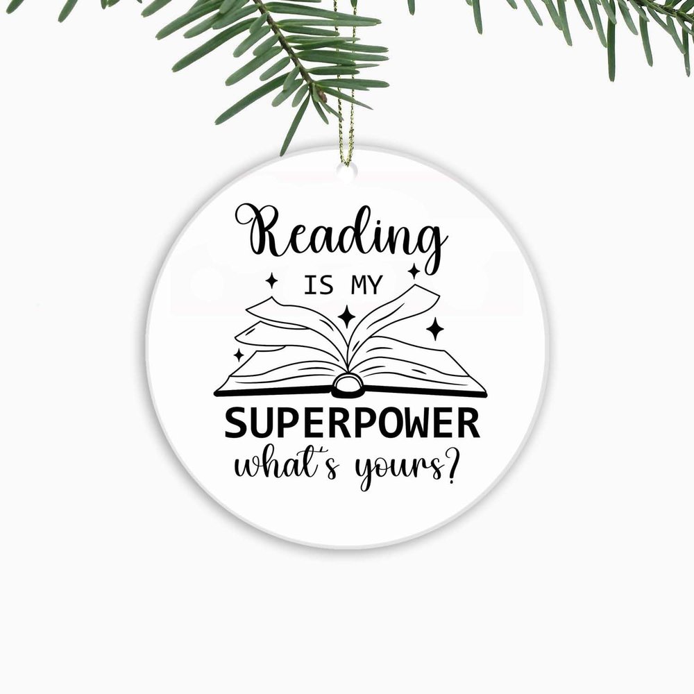 Book Christmas Ornaments Reading is My Superpower,Xmas Tree Hanging Ornaments Ceramic Keepsake