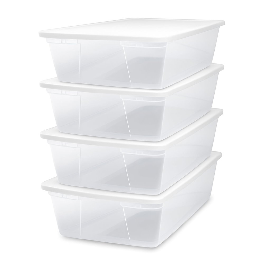 HOMZ 4-Pack Snaplock, Large Clear Plastic Storage Organizer Bins w/Lids, 41 Quart, White - Stackable Container Boxes for Bedroom, Bathroom, Garage, and Office Organization