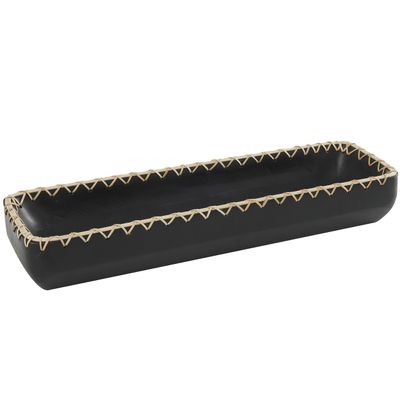 Deco 79 Mango Wood Handmade Nesting Tray with Hand Woven Seagrass Accents, 24" x 7" x 4", Black