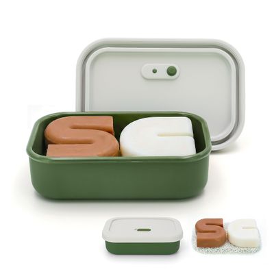 AIDIMMING Silicone Enhanced Leak Proof Travel Soap Case, Vented Shampoo Bar Holder, Large Bar Soap Box with Lid Portable Soap Dish with Draining Layer (Offwhite& Green)