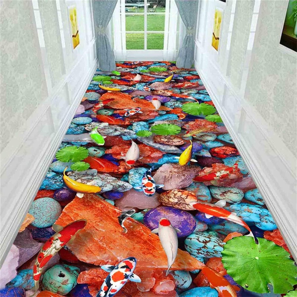 3D Runner Rug for Hallway, Lotus Pond Koi Fish Stone Pattern Rugs,Color Long Indoor Non-Slip Washable Carpet,Suitable for Entrance Hall,Living Room Kitchen(2x6ft