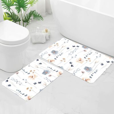 Gibelle Floral Bath Mat Rug Set 2 Piece, Cute Flower Super Absorbent Quick Dry Bathroom Rug Set, Non Slip Rubber Backed Bathroom Floor Mat for Tub Shower Sink (17"x24"+20"x32", Blue)