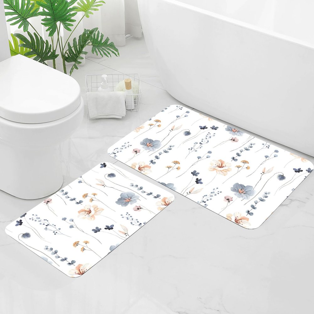 Gibelle Floral Bath Mat Rug Set 2 Piece, Cute Flower Super Absorbent Quick Dry Bathroom Rug Set, Non Slip Rubber Backed Bathroom Floor Mat for Tub Shower Sink (17"x24"+20"x32", Blue)