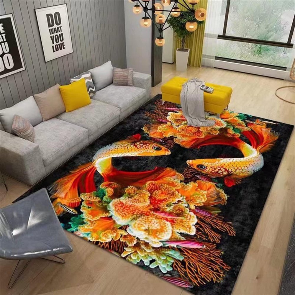 BISINA Koi Fish Area Rug, Blossom Printing Kids Room Runner Rug, Living Room Decorative Outdoor Rug for Kids Girls Boys Bedroom, Office Non-Slip Washable Decorative Rug(2x6ft