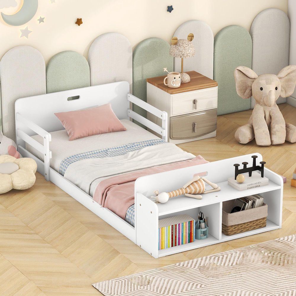 Aiuyesuo Classic Twin Size Floor Bed, Solid Wood Bed Frame with A Large Storage Footboard and Guardrail, No Box Spring Needed (White-R85AS)