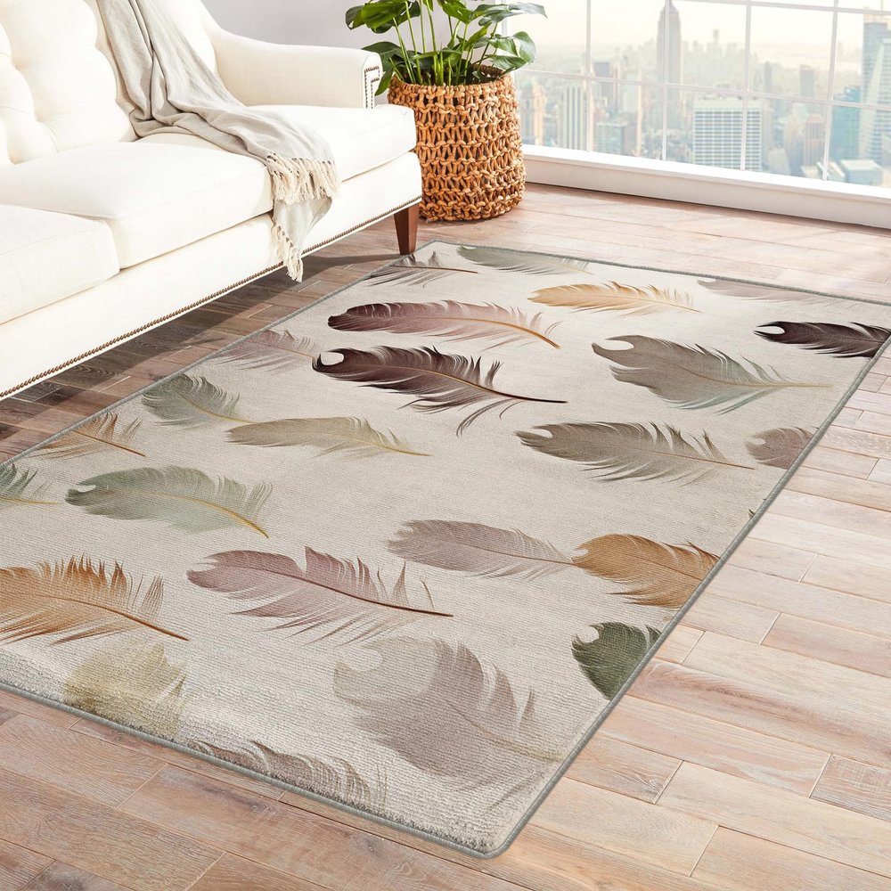Feather Rug 4x6 ft, Feathers Area Rug, Beige Rugs for Living Room Bedroom, Feather Carpet, Kids Room Decor for Boys Girls, Washable Non Slip Soft Low Pile Indoor Area Rugs