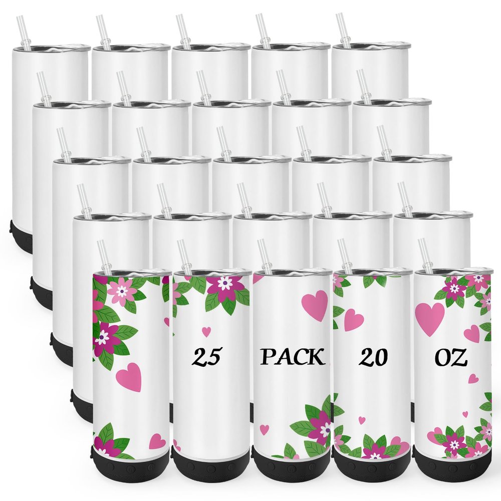 AGH 25 Pack Music Speaker Straw Cup, 20 Oz Skinny Stainless Steel Double Wall Tumbler Blanks, Speaker Tumbler Cup with Detachable LED Light, Suitable for DIY Gifts (Black)