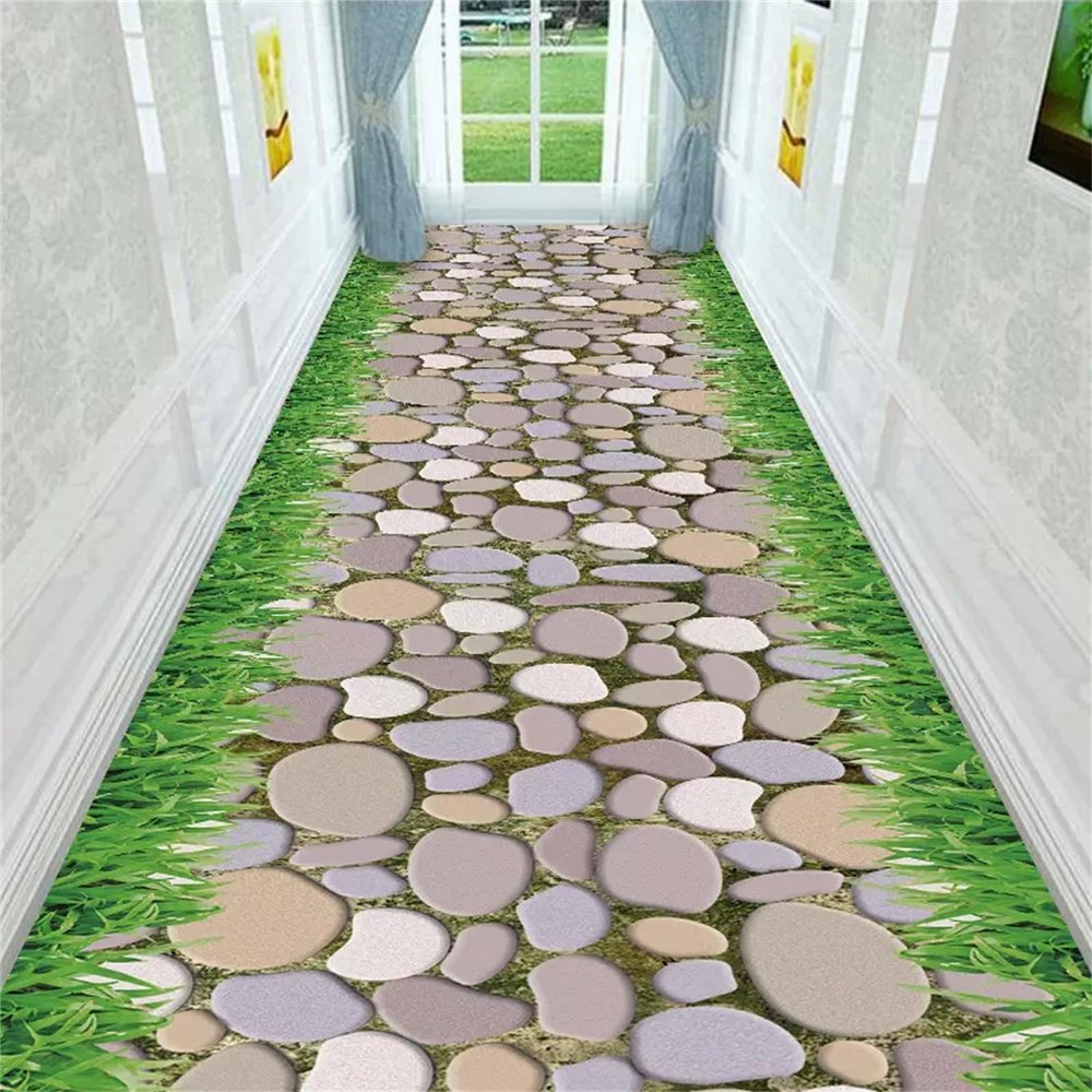 3D Illusion Runner Rug, Grass Green Stone Road Pattern Print Rugs,Pastoral Style Theme Living Room Decorative Runway Carpet,Suitable for Entrance Hall Bedroom Non-Slip Washable(4x6ft