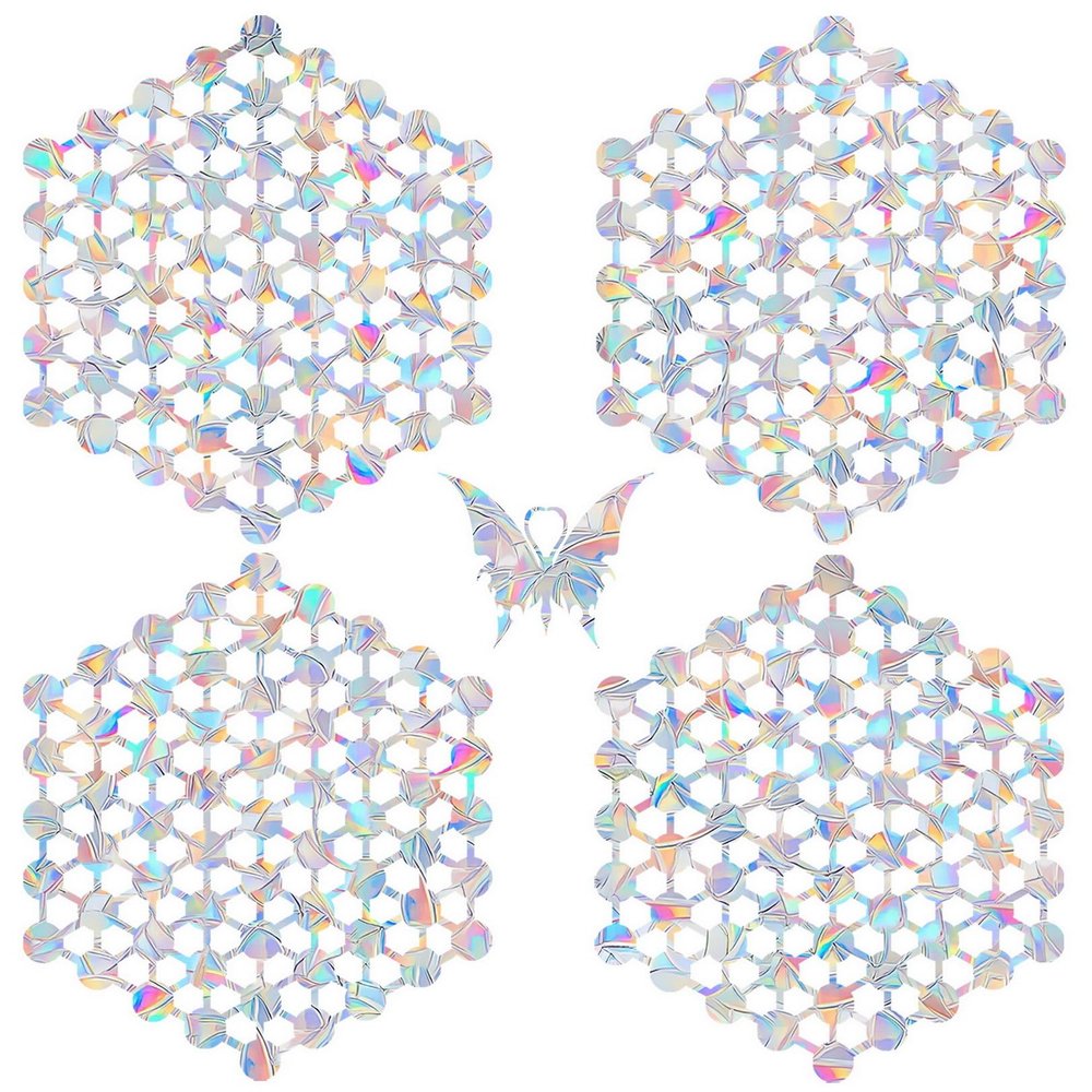 4 Hexagonal Dot Matrix Window Clings - Anti-Collision Window Decals to Save Birds from Window Collisions,Non Adhesive Prismatic Window Clings, Rainbow Stickers