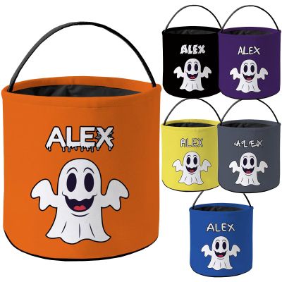 KafePross Personalized Halloween Trick or Treat Bag Customized Name Goody Bag Ghost Decor Basket Candy Gifts Bucket for Kids 9 x 9.8 Inch