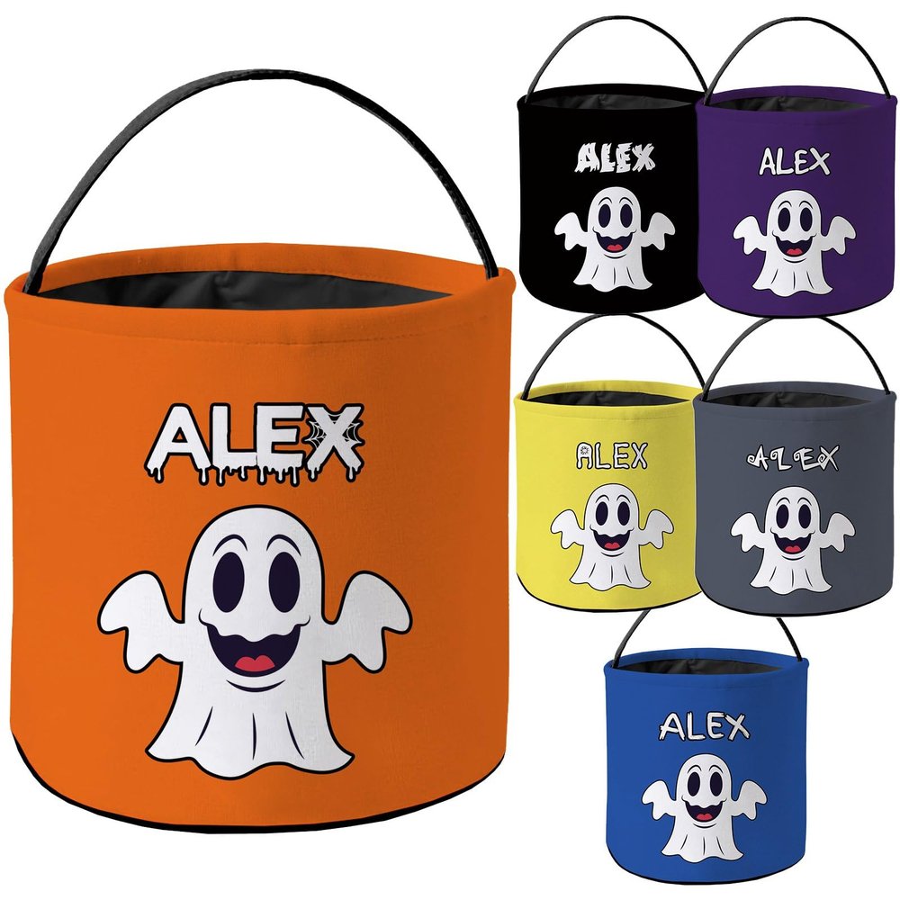 KafePross Personalized Halloween Trick or Treat Bag Customized Name Goody Bag Ghost Decor Basket Candy Gifts Bucket for Kids 9 x 9.8 Inch