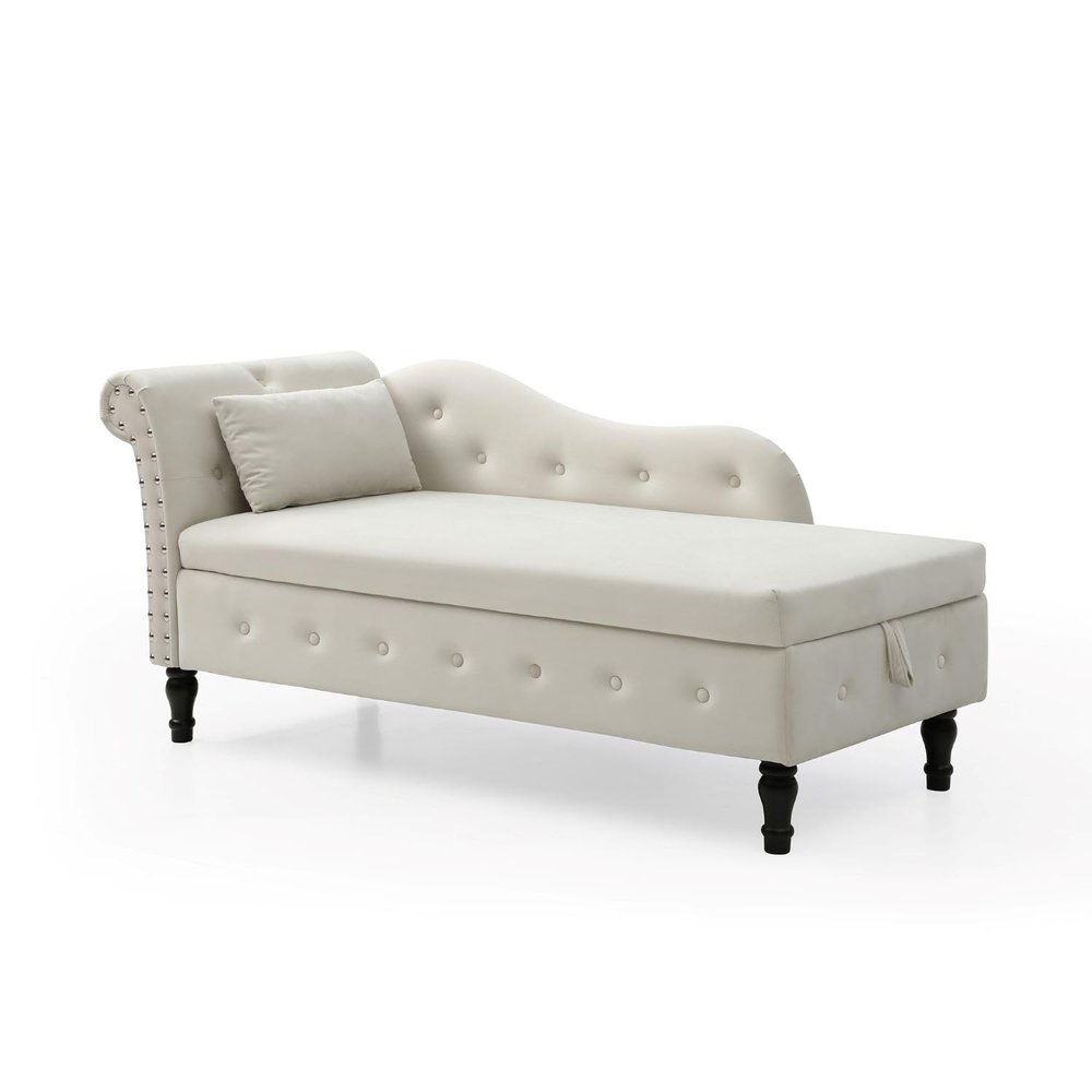 YSJZYBF Chaise Lounge Upholstered Velvet Indoor Sofa Recliner Modern Multifunctional Sleeper Storage Chaise Lounge Chair with 1 Pillow and Nailhead Trimmed for Living Room Bedroom Office Beige