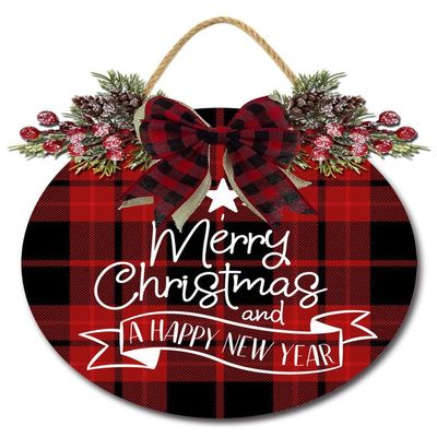 Sokomurg Merry Christmas And Happy New Year Sign for Front Door Christmas Buffalo Plaid Wreath Decorations Round Wooden Merry Christmas Hanging Sign for Front Door Porch Wall Decor 12"