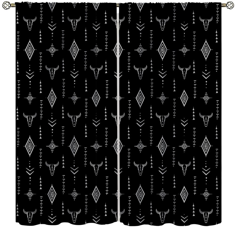 SENRUEGT Aztec Tribal Print Window Curtain,Bohemian Bull Skull Vintage Aztec Ethnic Tribal Patterns,Bedroom Living Room Window Drapes 63x72in