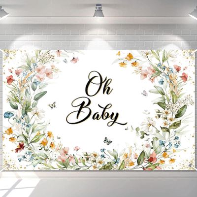 Avezano Wildflower Baby Shower Backdrop Wildflower Baby Shower Decorations Greenery Floral New Born Background Spring Oh Baby Birthday Party Banner 70.8 x 43.3 Inch