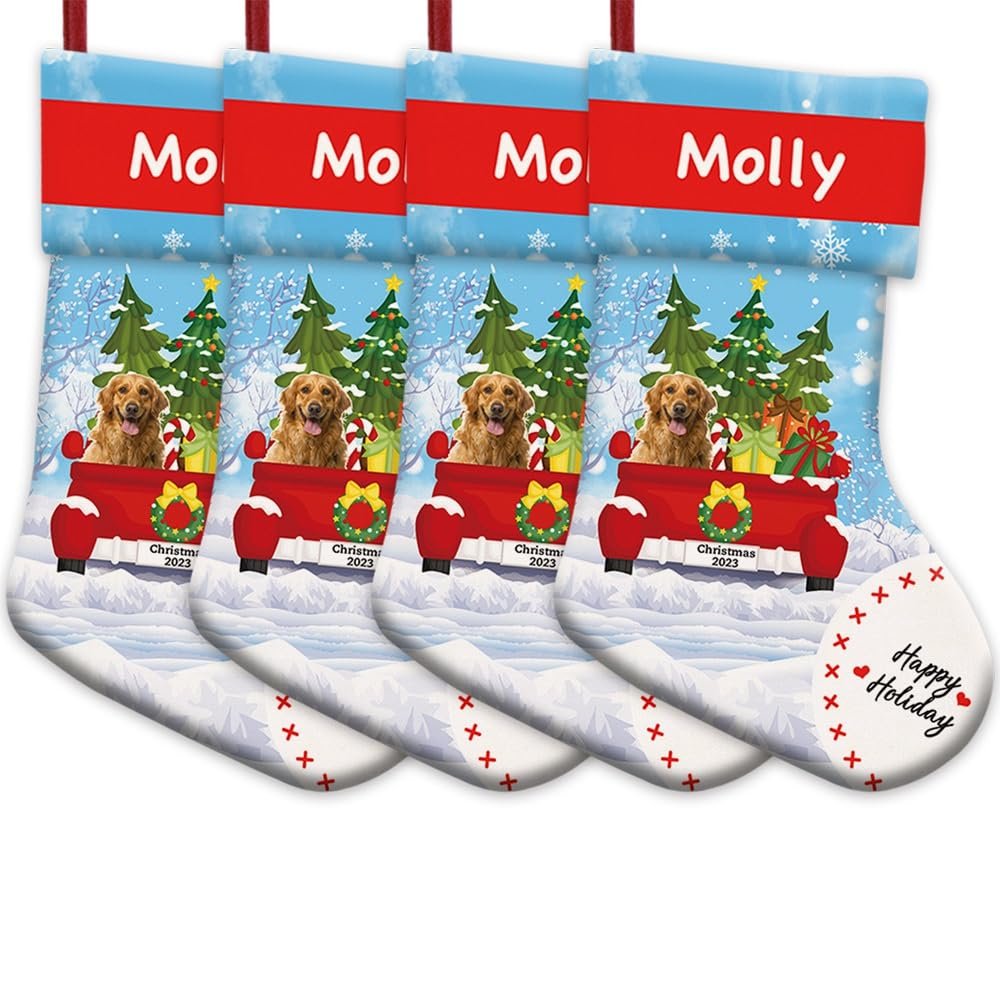 MALIHONG Personalized 4 Pack Merry Christmas Funny Golden Retriever Dog Christmas Stocking Christmas Tree Red Truck Snowflake Holiday Decor Xmas Stocking Custom Name Festive Christmas Dcor 14.4"