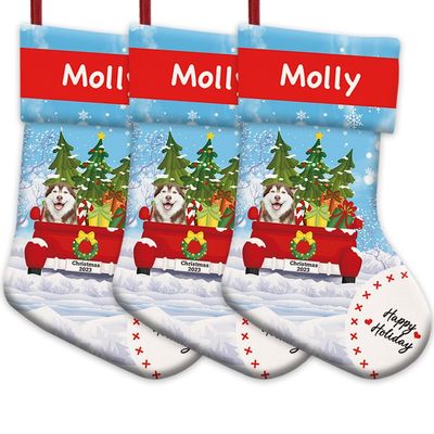 MALIHONG Personalized 3 Pack Merry Christmas Husky Dog Christmas Stocking Christmas Tree Red Truck Snowflake Holiday Decor Xmas Stocking Custom Name Festive Christmas Dcor 14.4"
