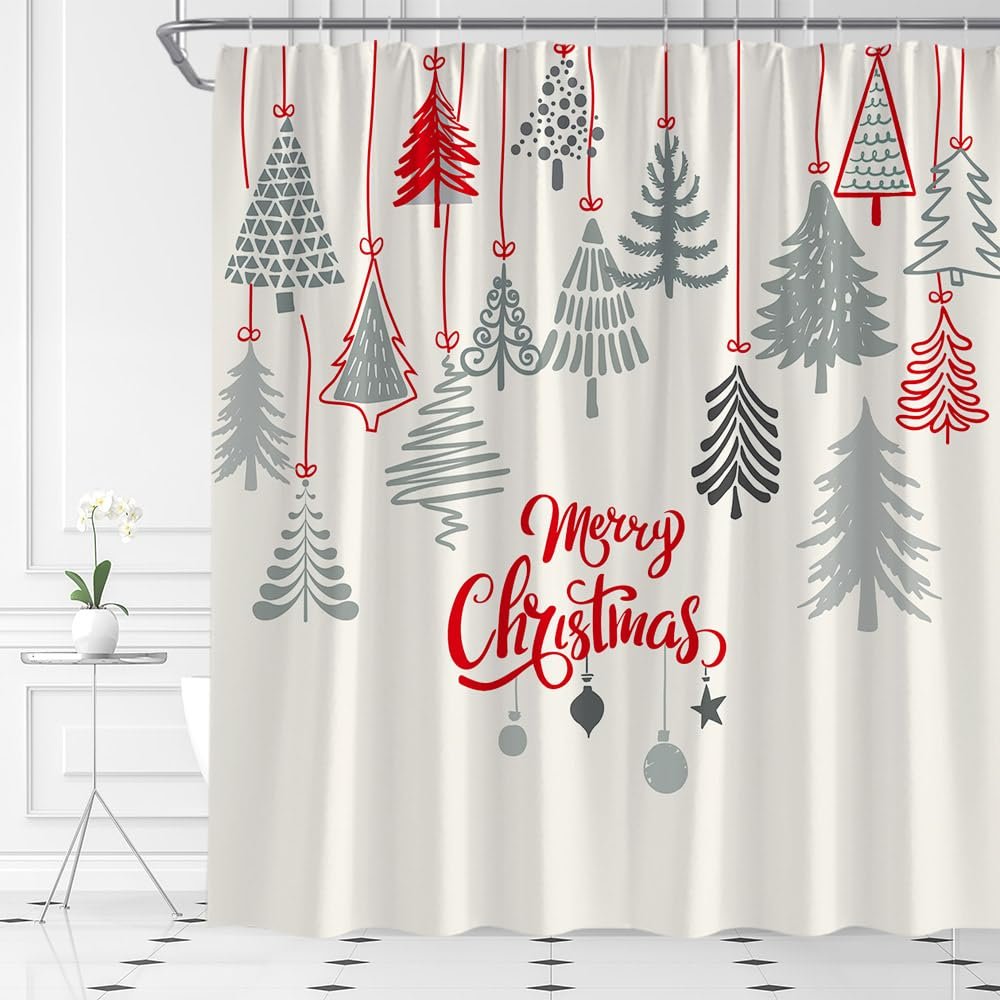TENVSIN Merry Christmas Shower Curtain Christmas Tree Abstract Xmas Pine Tree Winter Holiday Fabric Bathroom Decor Set with Hooks(74.8" Wx70 H)