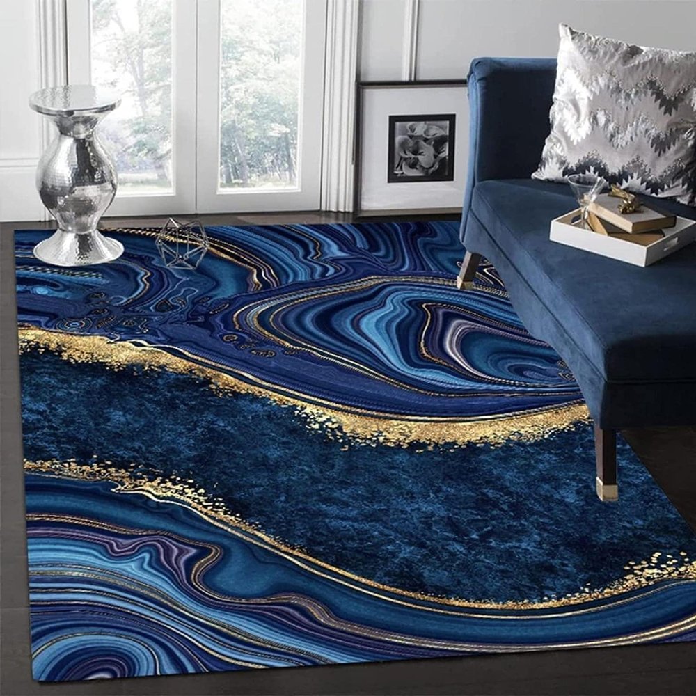 Nordic Navy Blue Gold Marble Area Rugs, Marbling Art Easy Clean Rug, Soft Non-Skid Carpet Throw Rug for Kids Teen Girls Boys Bedroom Living Room Bathroom Classroom Office 5ftx8ft