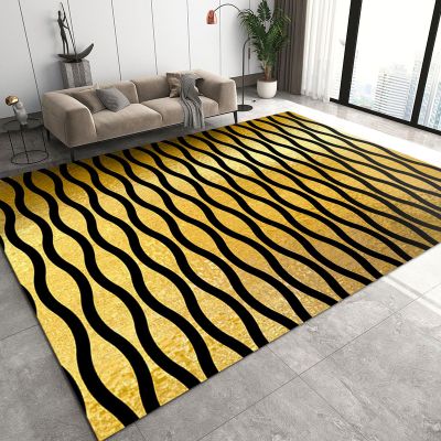 Abstract Black Gold Wavy Line Area Rug, Spiral Wavy Gradient Texture, Soft Washable, Anti-Slip Backing Decorative Home Rug, 3ftx4ft