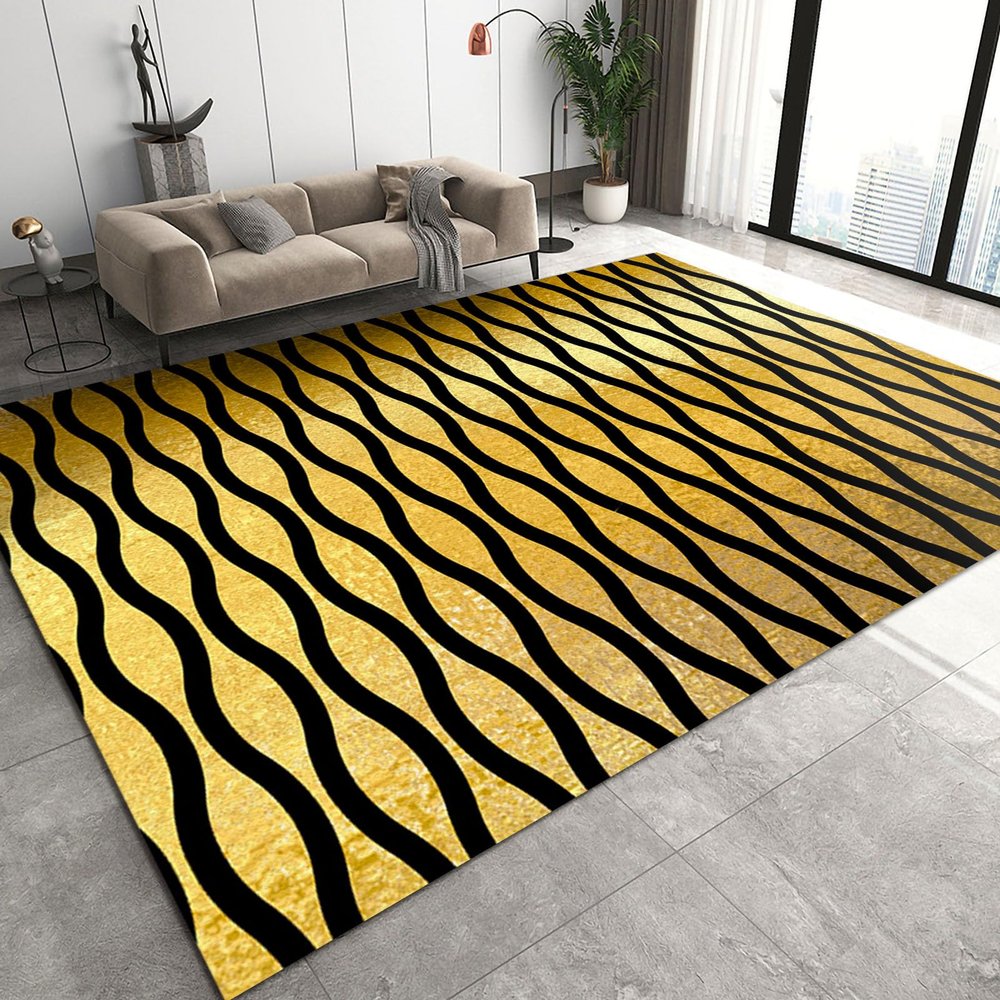 Abstract Black Gold Wavy Line Area Rug, Spiral Wavy Gradient Texture, Soft Washable, Anti-Slip Backing Decorative Home Rug, 3ftx4ft