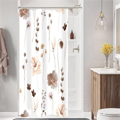 Gibelle Small Stall Shower Curtain 36 x 72, Narrow Half Watercolor Floral Fabric Shower Curtain, Brown Beige Flower Decorative Bathroom Shower Curtain Set