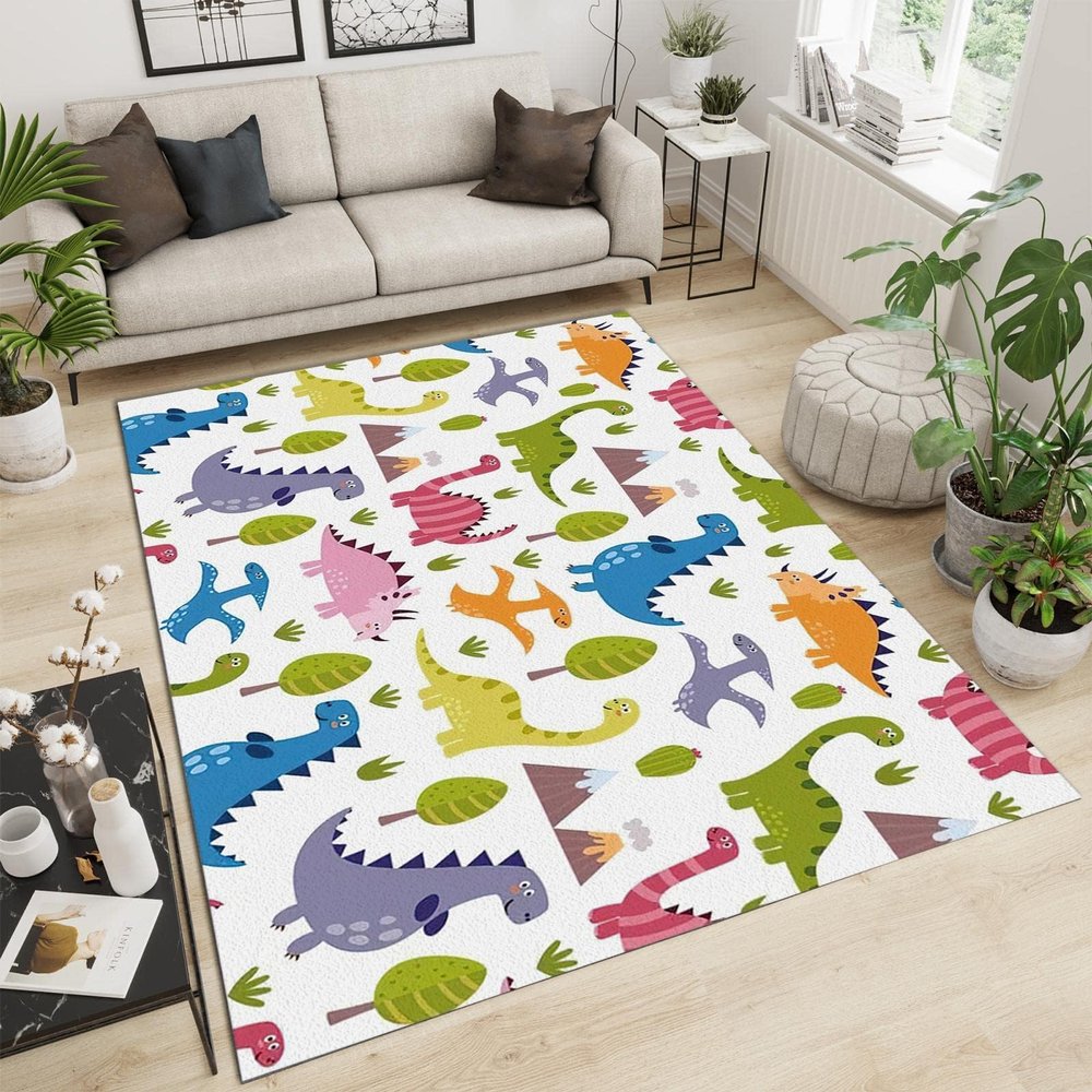 Color Cartoon Dinosaur Area Rugs, Green Cartoon Plant Soft Washable Carpet, Upholstery Rug with Non-Slip Backing for Kids Boys Girls Bedroom Living Room Dining Room Study 6ftx8ft
