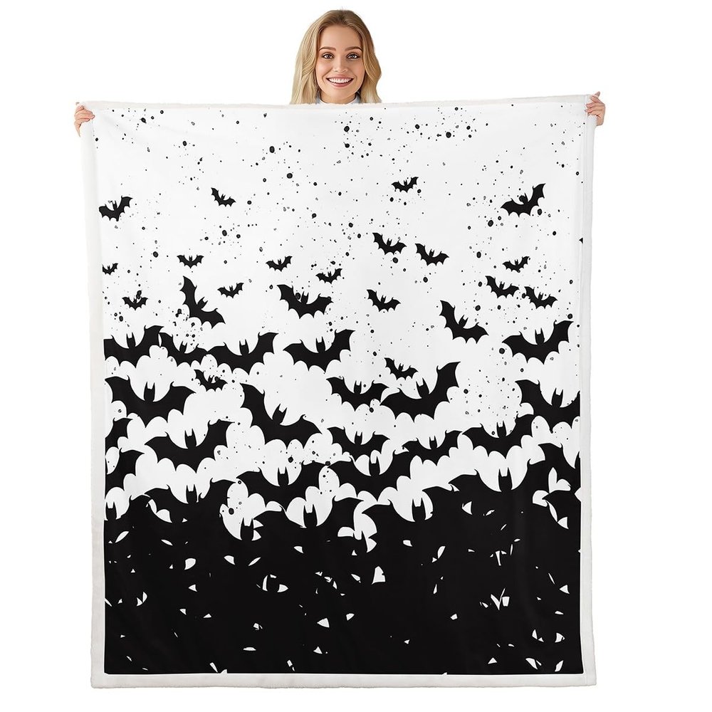 Black Bats Kids Throw Blanket,Happy Halloween Before Christmas Bed Blanket for Boys Girls Adults,Halloween Holiday Fleece Blanket,Black White Simple Fuzzy Blanket,Queen Size (90 x 90 Inches)