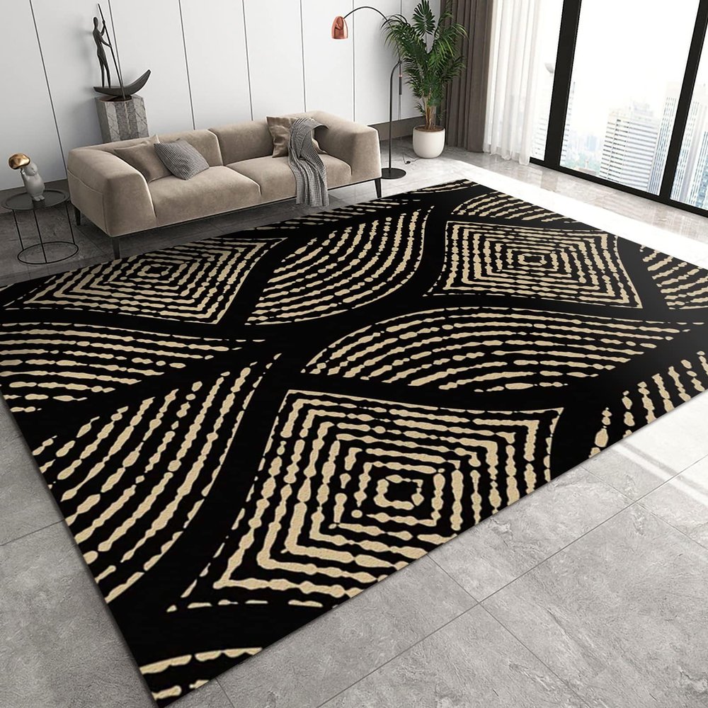 Abstract Black Gold Stripe Geometric Soft Washable Area Rug with Anti-Slip Backing - 4ft x 6ft for Living, Bedroom, Kitchen, Dining, Laundry Rooms