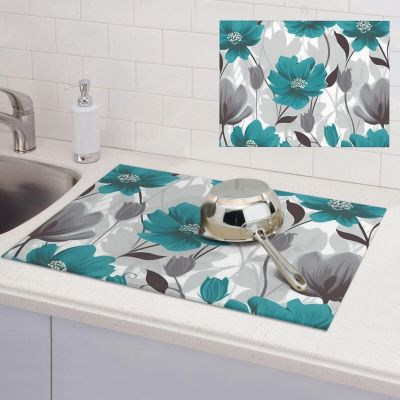 RLDOBOFE Dish Drying Mat for Kitchen Counter Non-slip Drainer Mats Teal Grey and White Floral1 Dish Drying Pad Heat Resistant Coffee Mat Absorbent Draining Mat kitchen Drying Mats 18'' x 24''