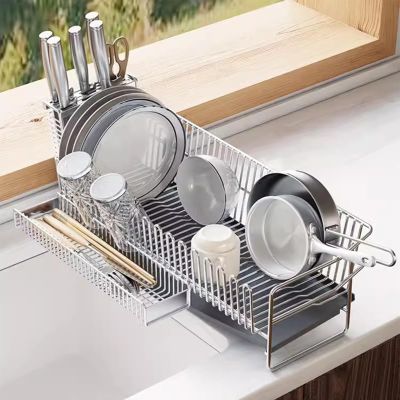 Drying Rack For Kitchen Counter, Stainless Steel Dish Rack Portable Dinnerware Drainer Organizer Kitchen Storage Tray For Kitchen RV Campers