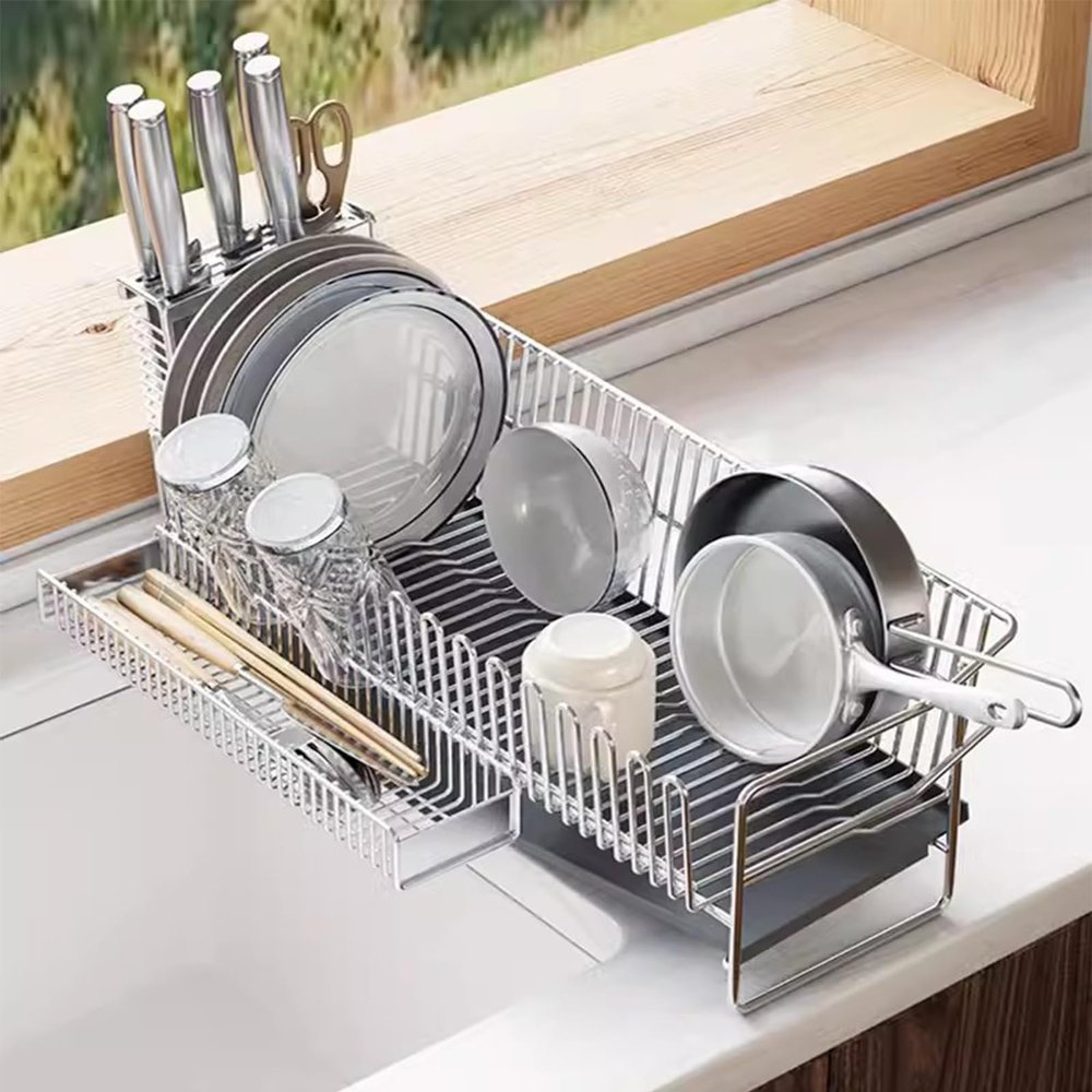 Drying Rack For Kitchen Counter, Stainless Steel Dish Rack Portable Dinnerware Drainer Organizer Kitchen Storage Tray For Kitchen RV Campers