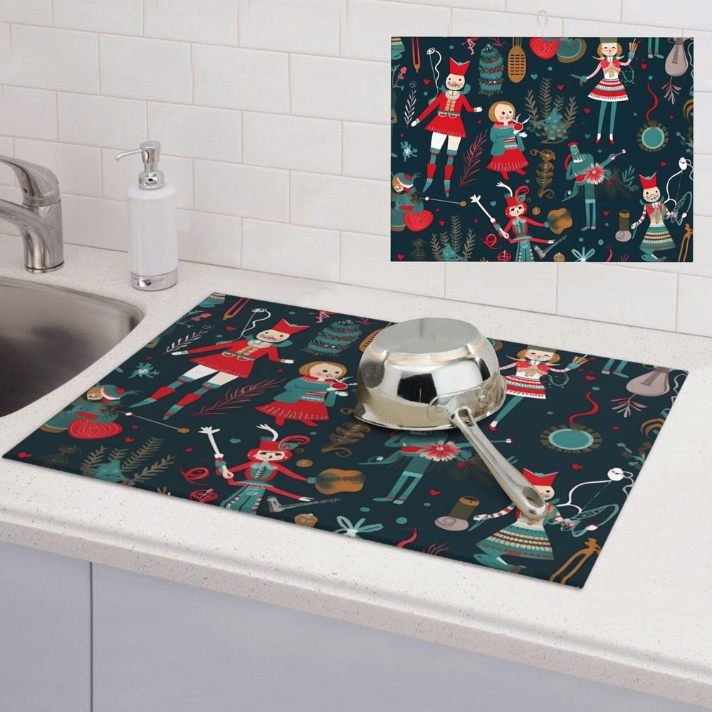 RLDOBOFE Dish Drying Mat for Kitchen Counter Non-slip Drainer Mats Women's Nutcracker Ballet Xmas Dance Dish Drying Pad Heat Resistant Coffee Mat Absorbent Draining Mat kitchen Drying Mats 18'' x 24''