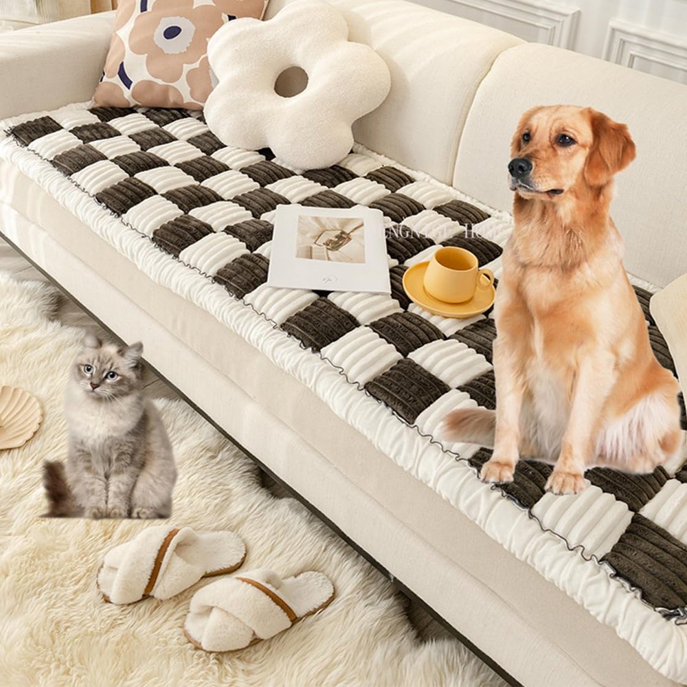 Funnyfuzzy Cream-Coloured Large Plaid Square Pet Mat Bed Couch Cover - Premium Cotton Protective Sofa Cover for Gardenchic - Funny Fuzzy Couch Cover