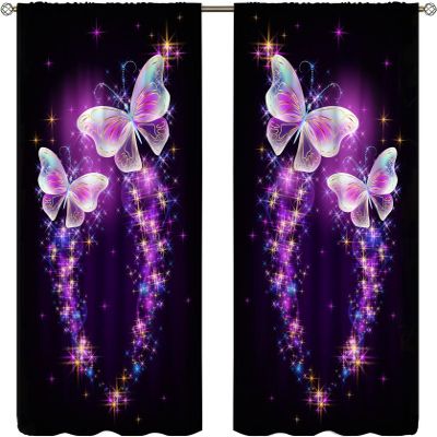 Magic Butterfly Curtains Butterflies Fantasy Sparkle and Blazing Trail and Glowing Stars Blackout Rod Pocket Curtains for Bedroom Living Room Kitchen Window Drapes 2 Panel Set 84x84in