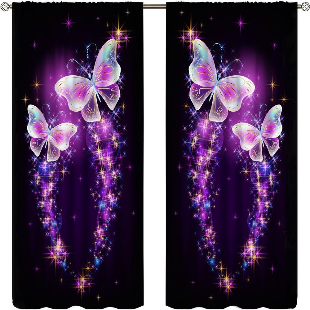 Magic Butterfly Curtains Butterflies Fantasy Sparkle and Blazing Trail and Glowing Stars Blackout Rod Pocket Curtains for Bedroom Living Room Kitchen Window Drapes 2 Panel Set 84x84in
