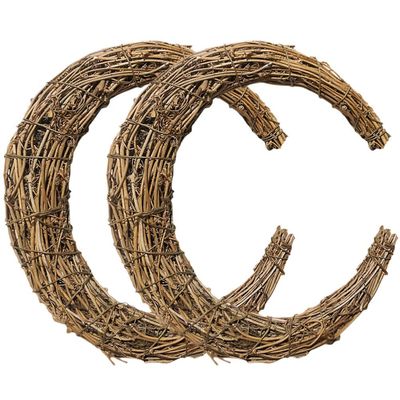 Veemoon 2pcs Rattan Garland Natural Wreath Wooden Moon Natural Door Reef Wreath Form Half Moon Rattan Summer Front Door Decor Frame Autumn and Winter Grape Vines Iron