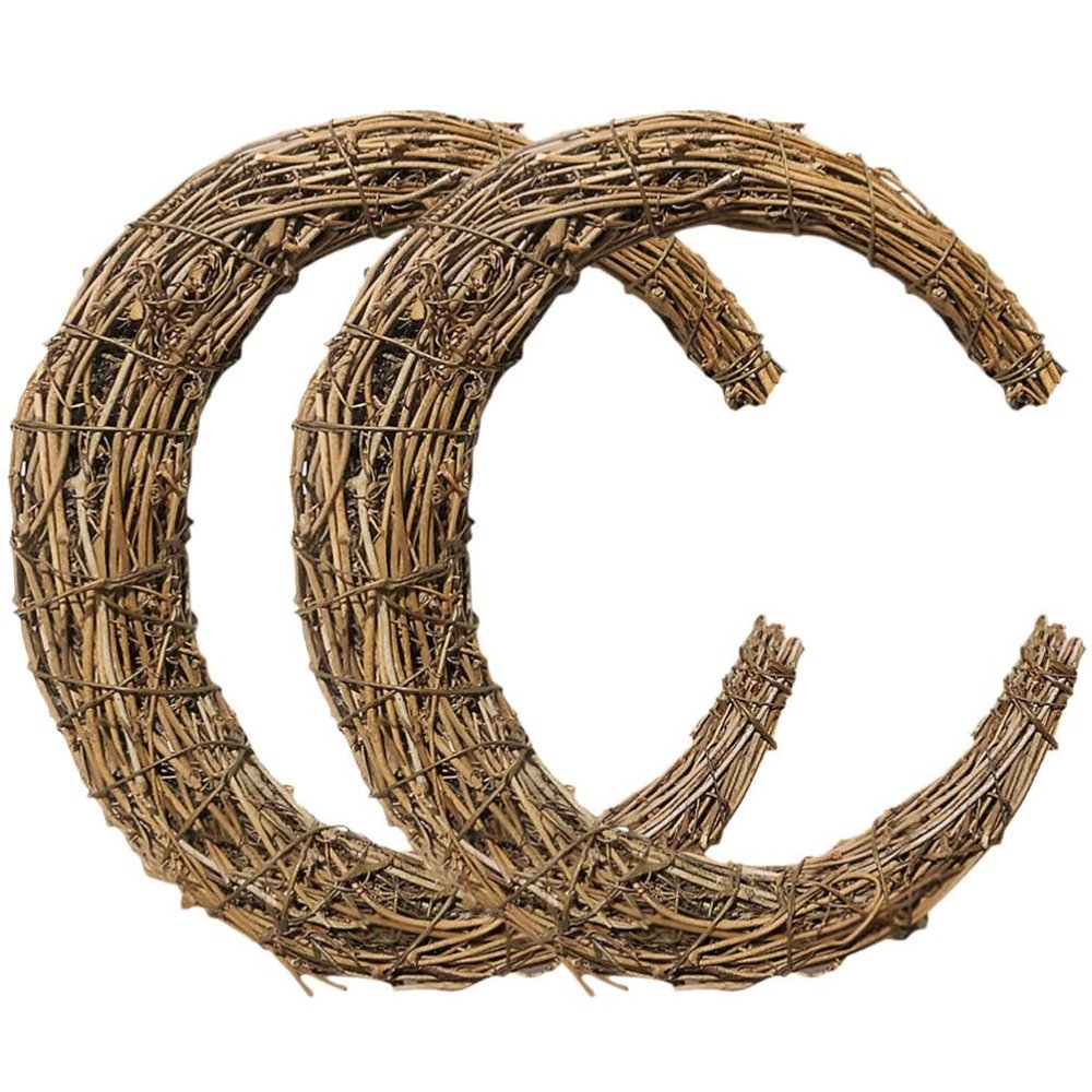 Veemoon 2pcs Rattan Garland Natural Wreath Wooden Moon Natural Door Reef Wreath Form Half Moon Rattan Summer Front Door Decor Frame Autumn and Winter Grape Vines Iron