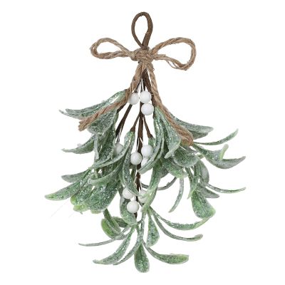 BVCED 9.1inch Artificial Hanging Mistletoe, Artificial Mistletoe Picks Christmas Mistletoe Ornament with White Bow, Mistletoe Glitter Hanging for Couple Home Party Decor(#2)