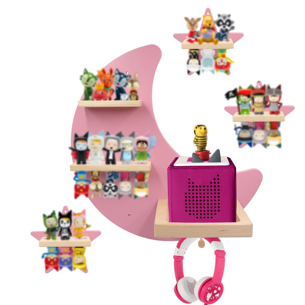 Taladad for Toniebox 2 and Toniebox 1 Tonie Shelf Wall Mounted Set of 4 (Moon and 3 Stars),Tonies Figures Tonies Storage,Magnetic Wooden Floating Shelves Compatible with Tonie Box Player Character