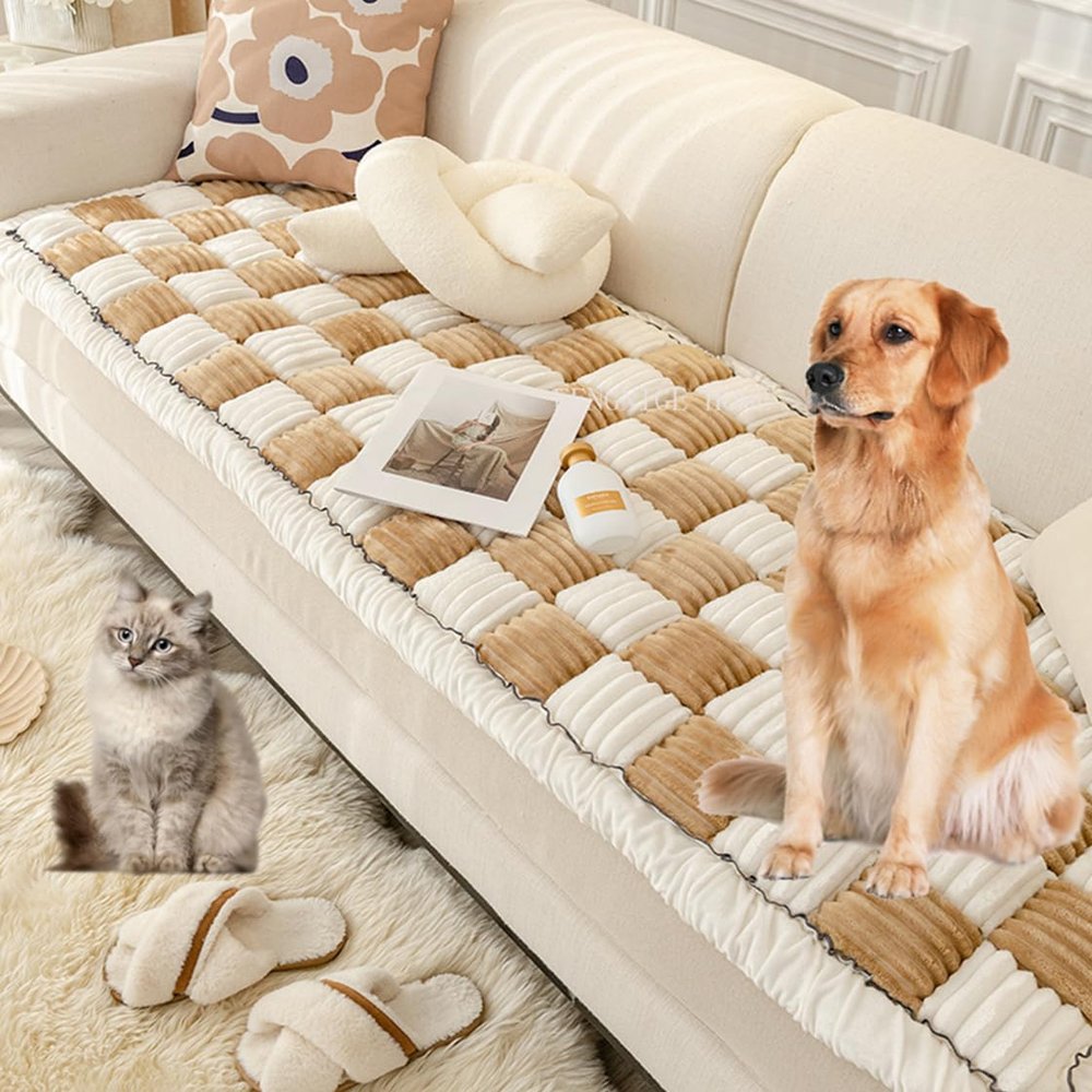 Funnyfuzzy Cream-Coloured Large Plaid Square Pet Mat Bed Couch Cover - Premium Cotton Protective Sofa Cover for Gardenchic - Funny Fuzzy Couch Cover